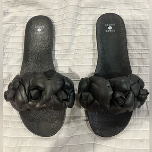 Shade & Shore Black Floral-Embellished Slide Sandals